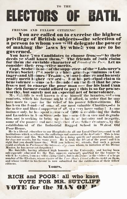 Election Poster, to the Electors of Bath, in Favour of Mr. Sutcliffe 1851