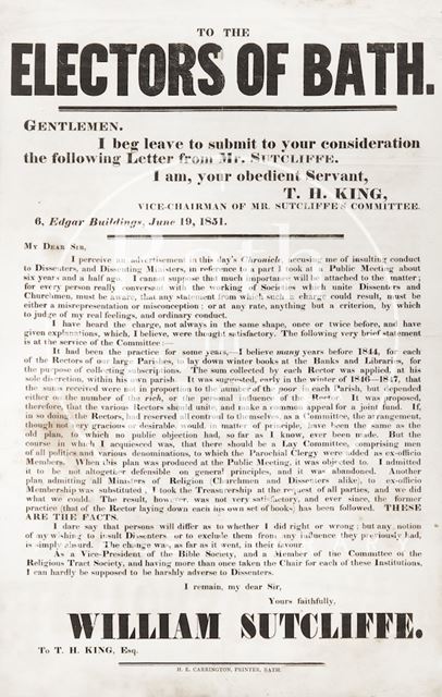 Election Poster, to the Electors of Bath, From T.H. King, in Support of William Sutcliffe 1851