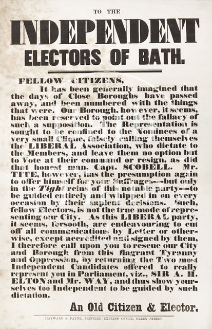 Election Poster to the Independent Electors of Bath 1859