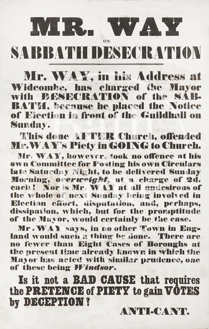 Election Poster Entitled Mr. Way on Sabbath Desecration c.1860