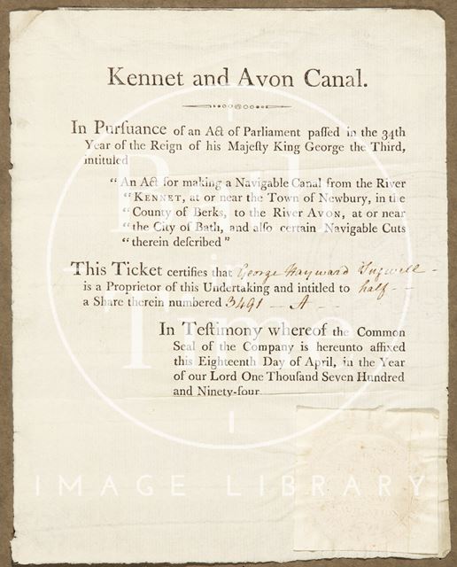 Ticket Certifying the Proprieter's Rights in Pursuance of an Act of Parliament Regarding the Kennet and Avon Canal 1794