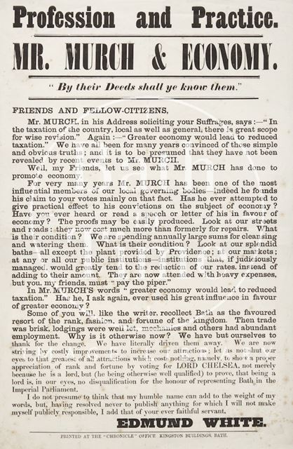 Humorous Election Poster Against Mr. Murch and in Favour of Lord Chelsea, By Edmund White 1873-1874