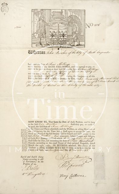 Notice of Fire Insurance for John Brookes 1768