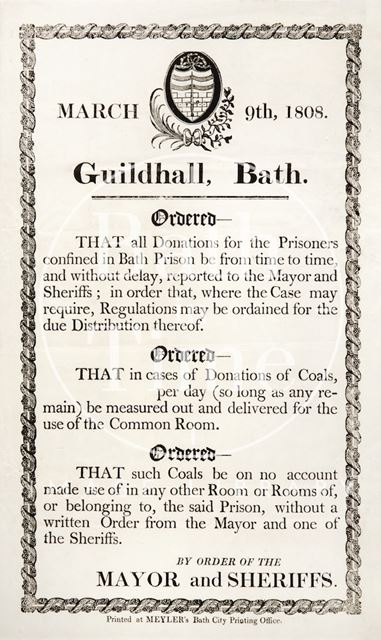 Order By the Mayor and Sheriffs, Guildhall, Bath, Regarding Bath Prison 1808