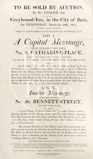 Poster Advertising Auctions for 2, Catharine-Place and 20, Bennett-Street, Bath 1805