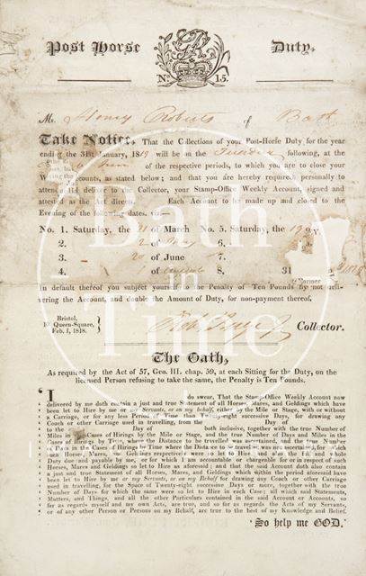 Notice of Post Horse Duty for Mr. Harry Roberts of Bath 1819