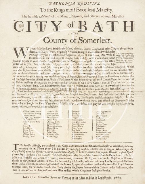 Address From the Mayor, Aldermen and Citizens of Bath to His Majesty King Charles II 1660