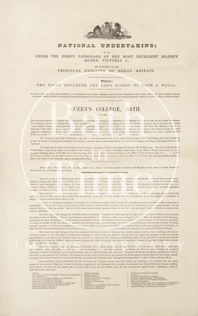 Front Page, National Undertaking, Queen's College, Bath 1839