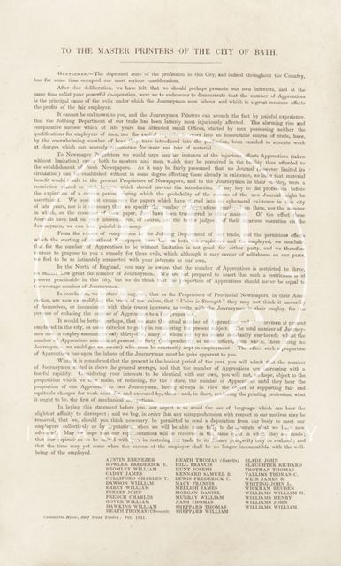 Notice to the Master Printers of the City of Bath 1841