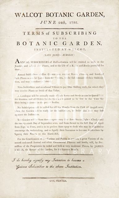 Notice of Terms of Subscribing, to the Walcot Botanic Garden, Bath 1793