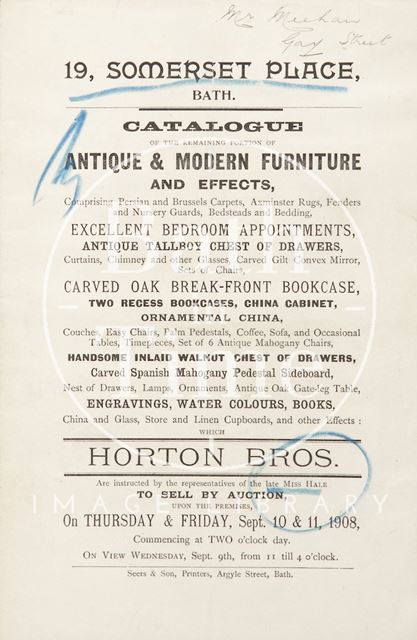 Advertisement for the Auction of Antique & Modern Furniture, 19, Somerset Place, Bath 1908