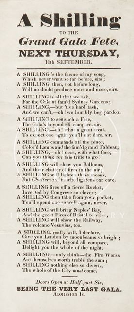 Advertisement and Poem for Grand Gala Fete, Bath c.1834-1845?