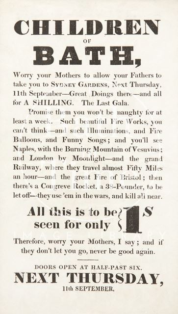 Advertisement, to the Children of Bath, for the Last Gala at Sydney Gardens, Bath c.1834-1845?