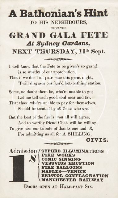 Advertisement for the Grand Gala Fete at Sydney Gardens, Bath c.1834-1845?