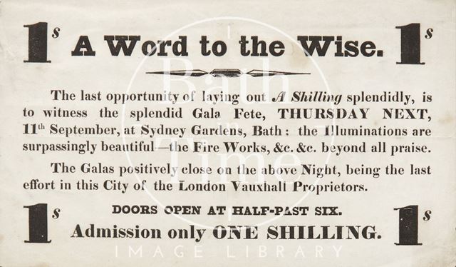 Advertisement for the Gala Fete at Sydney Gardens, Bath c.1834-1845?