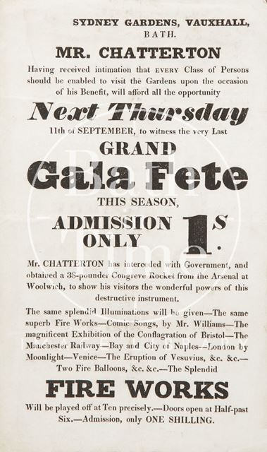 Advertisement for the Grand Gala Fete at Sydney Gardens, Vauxhall, Bath c.1834-1845?