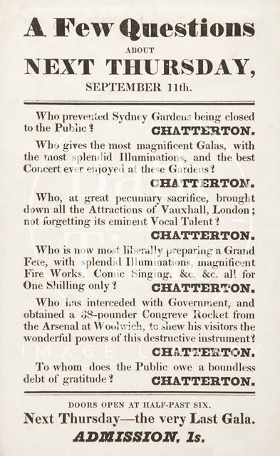 Advertisement for the Last Gala at Sydney Gardens, Bath c.1834-1845?