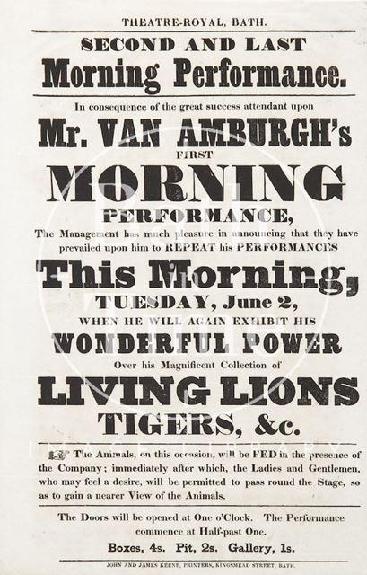 Poster for the Exhibition of Live Lions & Tigers, at the Theatre Royal, Bath