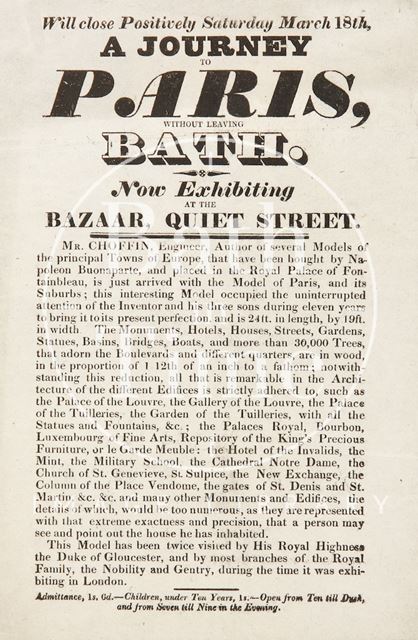 Advertisement for Exhibition of Model of Paris, Quiet Street, Bath 1826