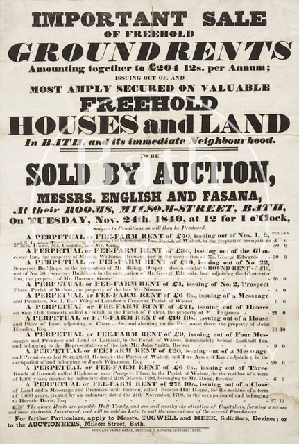 Poster Advertising Auction of Freehold Houses and Land in Bath 1840