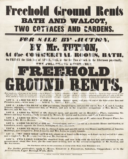 Poster Advertising Auction of Freehold Ground Rents in Bath and Walcot, Bath 1845