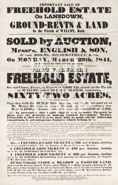 Poster Advertising Auction of Freehold Estate, Lansdown and Walcot, Bath 1841