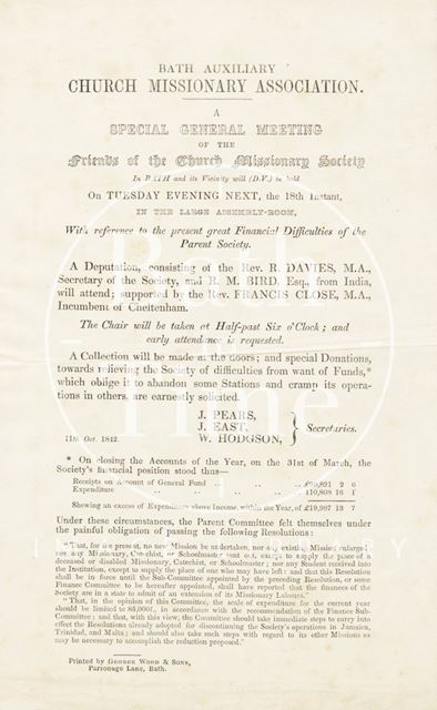 Advertisement for General Meeting, Bath Auxiliary Church Missionary Association 1842