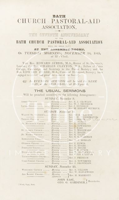 Advertisement for the Seventh Anniversary of the Bath Church Pastoral-Aid Association 1845