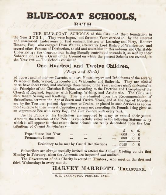 Statement By the Treasurer of Blue-Coat Schools, Bath 1846