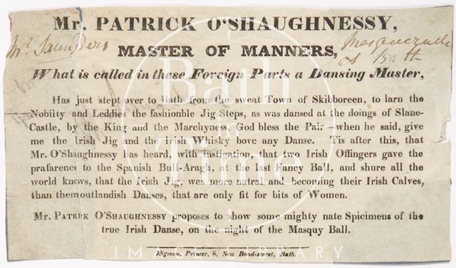 Advertisement for Dancing Master Mr. Patrick O' Shaughnessy