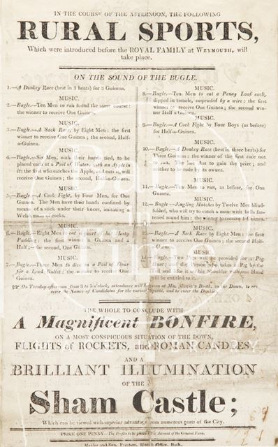 Advertisement for Rural Sports, a Magnificent Bonfire and Illumination of Sham Castle, Bath 1814