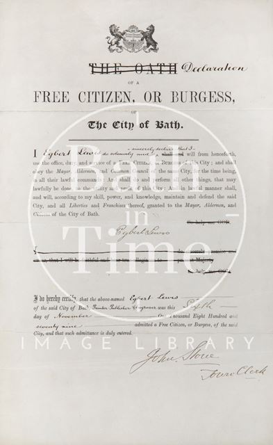 Declaration of a Free Citizen or Burgess of the City of Bath 1879