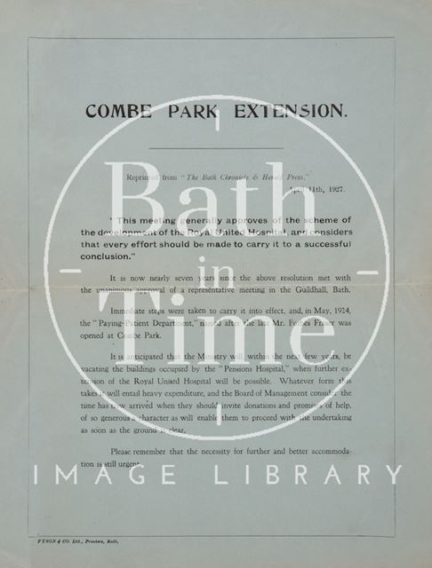 Notice of the Combe Park Extension, Royal United Hospital, Bath 1927