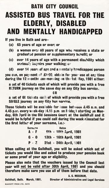 Notice By Bath City Council for Assisted Bus Travel 1981