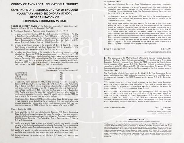 Notice By Governors of St. Mark's, Bath C. of E. V.A. Secondary School, Bath 1984