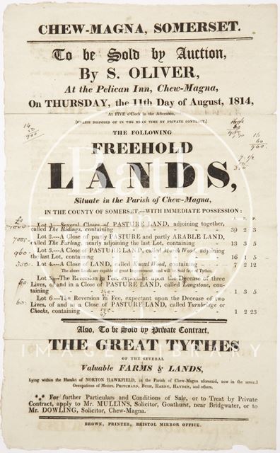 Poster Advertising Auction of Freehold Lands in Chew Magna, Somerset 1814