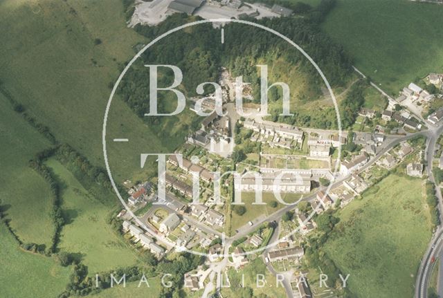 Primary School, farm and scrapyard, aerial view, Clandown, Somerset 1993