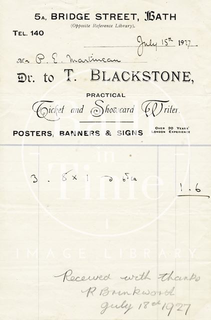 T. Blackstone, 5a, Bridge Street, Bath 1927