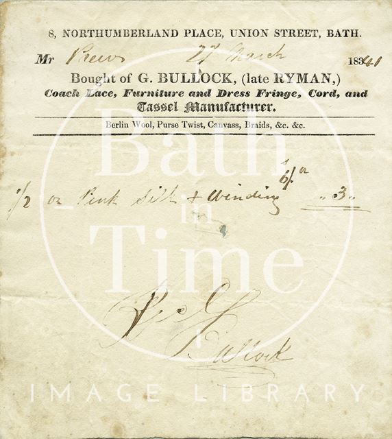 G. Bullock (late Ryman), 8, Northumberland Place, Union Street, Bath 1841