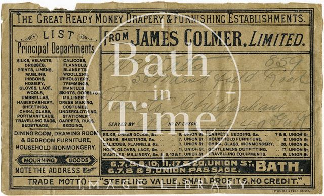 James Colmer Ltd., 6 to 11, 17, 20, Union Street, 6 to 9, Union Passage, Bath c.1903