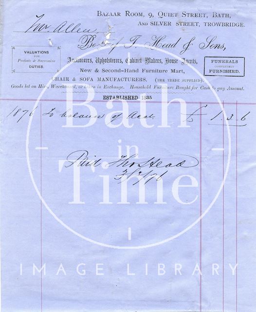 Head & Sons, Bazaar Room, 9, Quiet Street & Silver Street, Trowbridge 1876