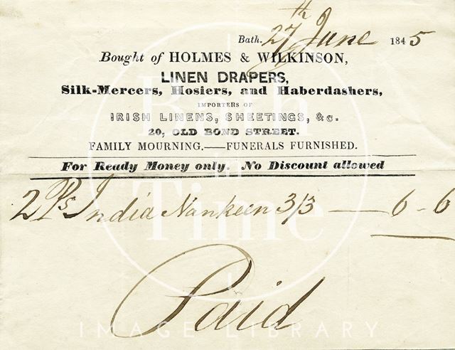 Holmes & Wilkinson, 20, Old Bond Street, Bath 1845