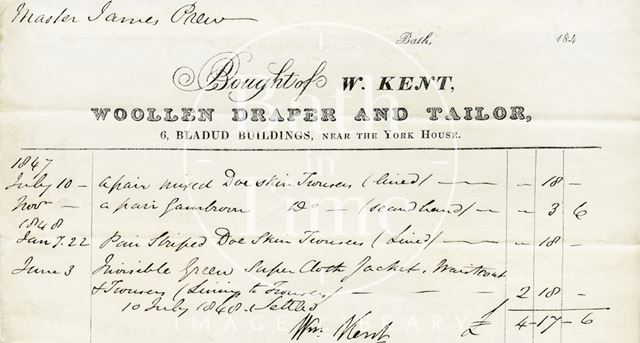 W. Kent, 6, Bladud Buildings near the York House, Bath 1847-1848