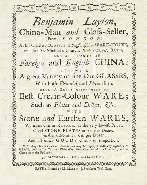 Benjamin Layton, Opposite St. Michael's Church, Walcot Street, Bath 1767