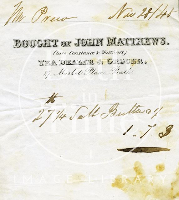 John Matthews (late Constance & Matthews), 27, Market Place, Bath 1845