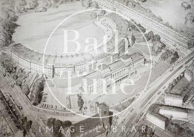 Rear of Royal Crescent, viewed from N.E. shewing proposed new Council Chamber and Committee Rooms, Bath 1945