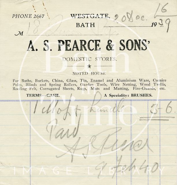 A.S. Pearce & Sons, Westgate, Bath 1939