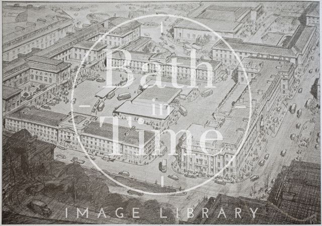 A view from the roof of the Great Western Railway station of the proposed new bus station, Bath 1945