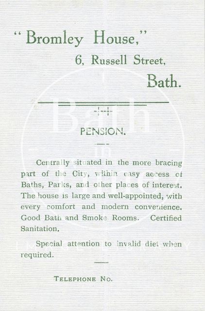 Sidney E. Sargant, Bromley House, 6, Russell Street, Bath c.1910