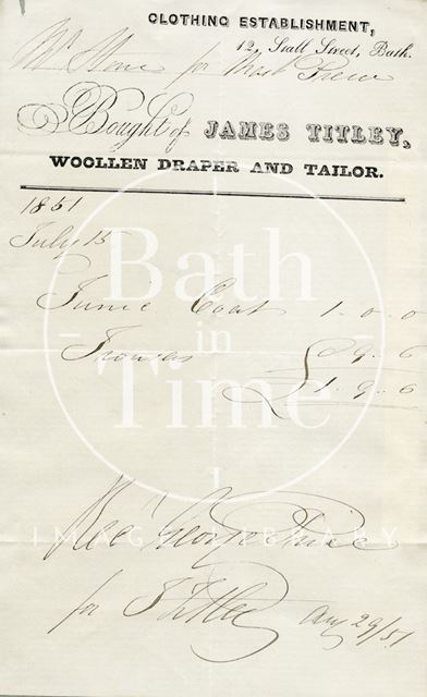 James Titley, 12, Stall Street, Bath (clothing establishment), Bath 1851